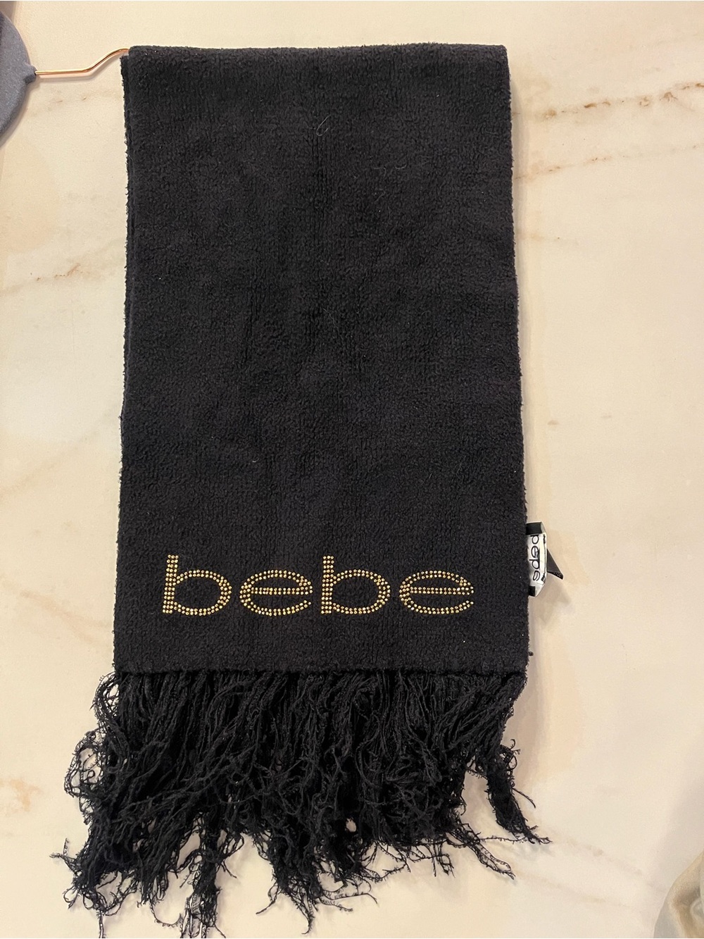 bebe Black Knit Scarf with Gold Rhinestone Accent